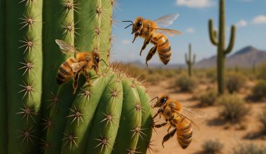 Close-up of honey bees on a desert cactus with saguaro cacti and mountains in the background, representing native and feral bee species in Arizona.