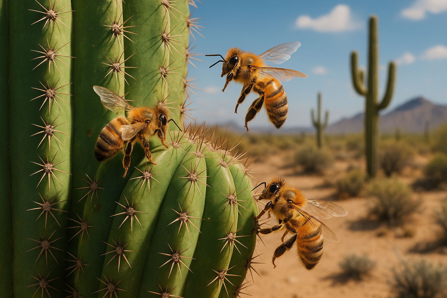 Close-up of honey bees on a desert cactus with saguaro cacti and mountains in the background, representing native and feral bee species in Arizona.
