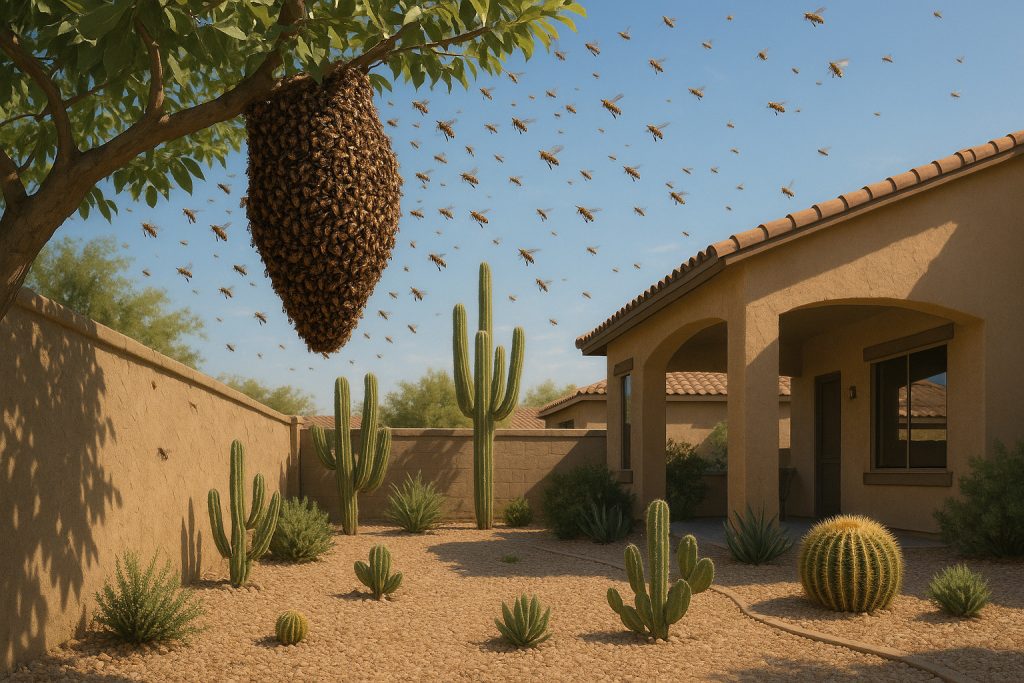 Large bee swarm hanging from a tree branch in a desert-style Arizona backyard, with bees flying near a stucco house surrounded by cacti and gravel landscaping.