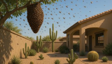 Large bee swarm hanging from a tree branch in a desert-style Arizona backyard, with bees flying near a stucco house surrounded by cacti and gravel landscaping.