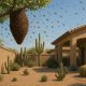 Large bee swarm hanging from a tree branch in a desert-style Arizona backyard, with bees flying near a stucco house surrounded by cacti and gravel landscaping.
