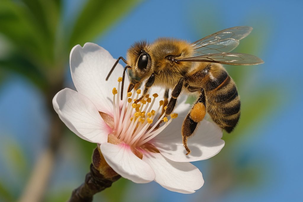 Honey bee collecting pollen from an almond flower in full bloom, blue sky background