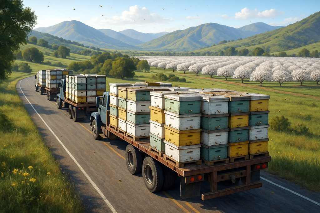 Convoy of trucks carrying beehives toward California almond orchards in bloom, with mountains and flowering trees in the background