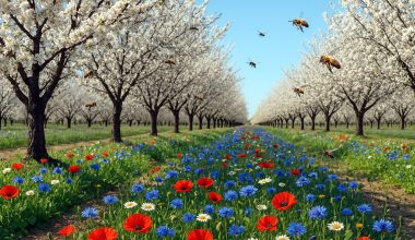bees flying over an almond orchard in california
