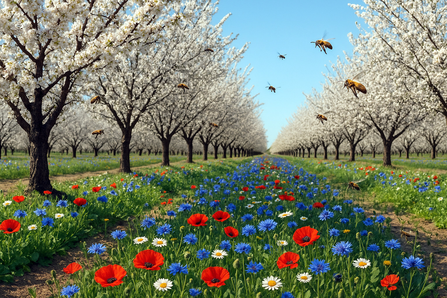 bees flying over an almond orchard in california