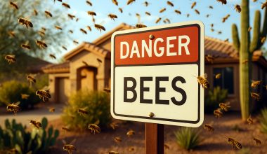 a sign that reads "danger bees" in arizona with bees swarming around it and house in background