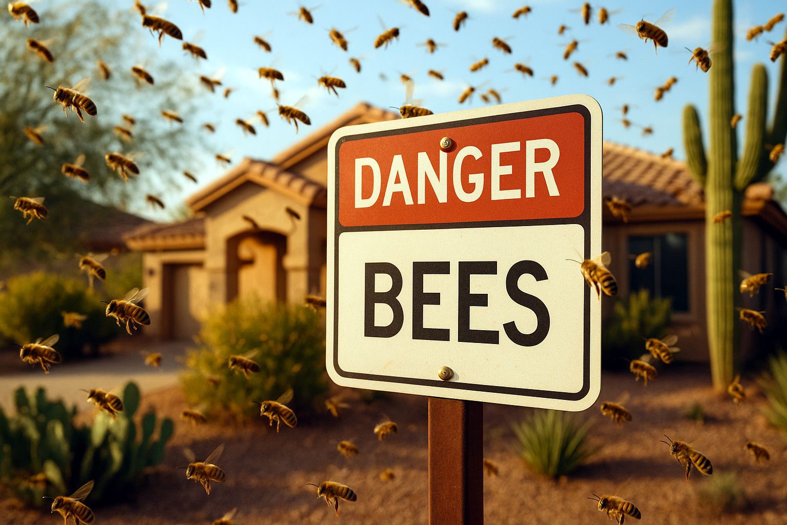 a sign that reads "danger bees" in arizona with bees swarming around it and house in background