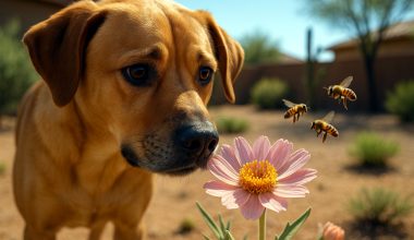 A dog in an Arizona backyard sniffing a pink flower while bees fly nearby — illustrating the risk of bee stings in dogs.