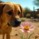 A dog in an Arizona backyard sniffing a pink flower while bees fly nearby — illustrating the risk of bee stings in dogs.