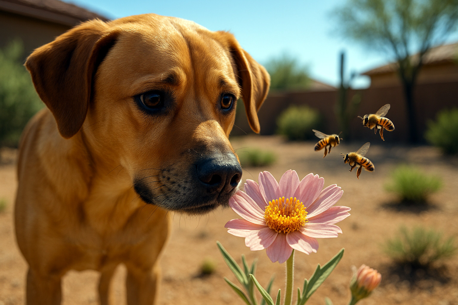 A dog in an Arizona backyard sniffing a pink flower while bees fly nearby — illustrating the risk of bee stings in dogs.