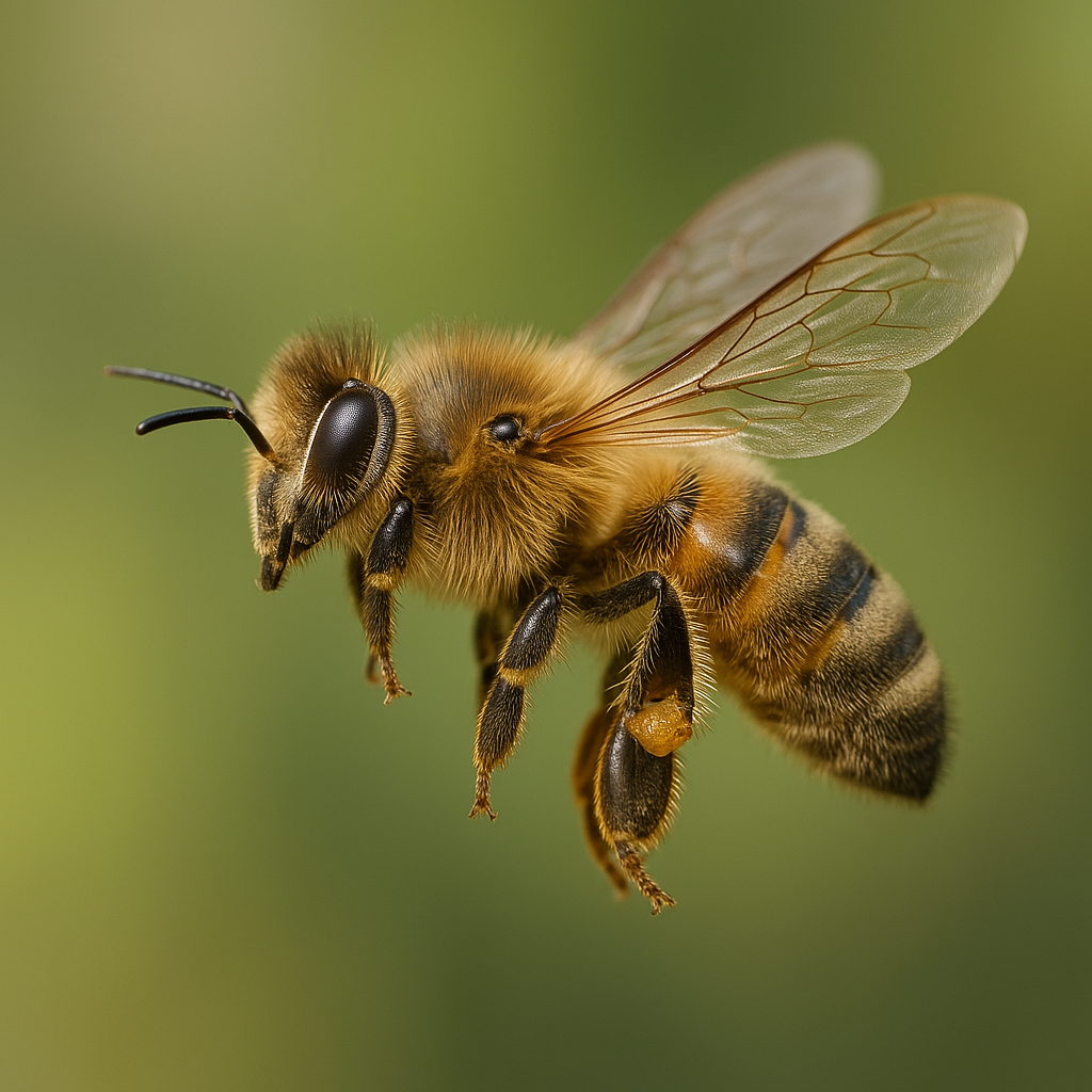 High-resolution close-up of a Western honey bee (Apis mellifera) showing wing structure, striped abdomen, and detailed body hairs, mid-flight.