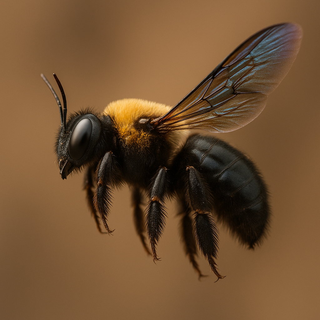 Close-up of a flying carpenter bee (Xylocopa varipuncta) with shiny black abdomen, fuzzy yellow thorax, and translucent wings against a neutral background.