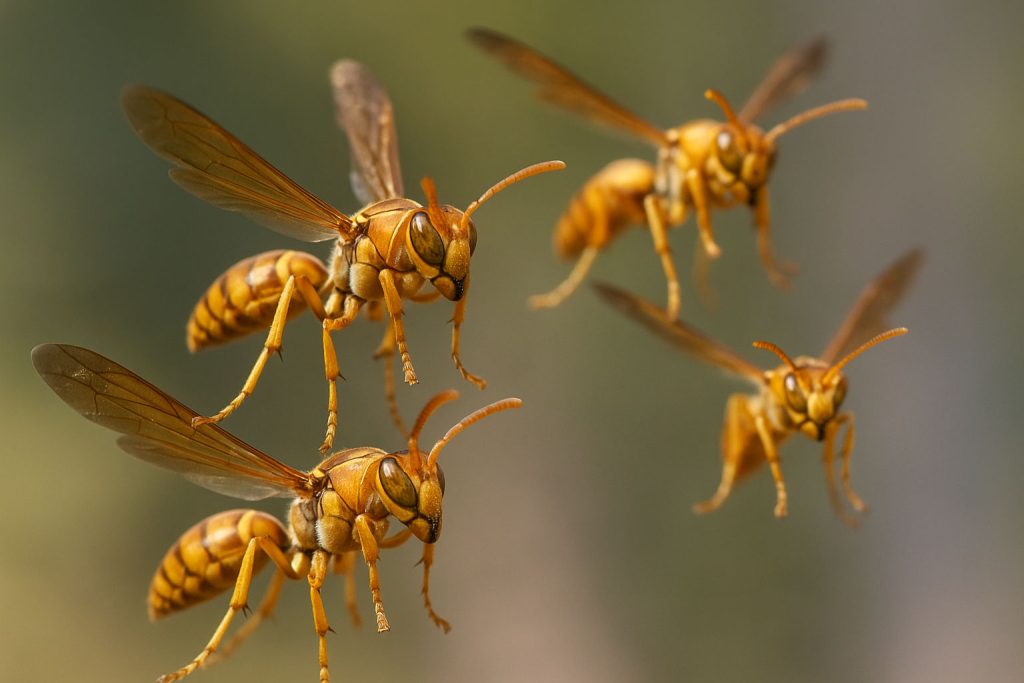 Four golden-brown paper wasps in mid-flight, showing their long legs, smooth bodies, and narrow waists.