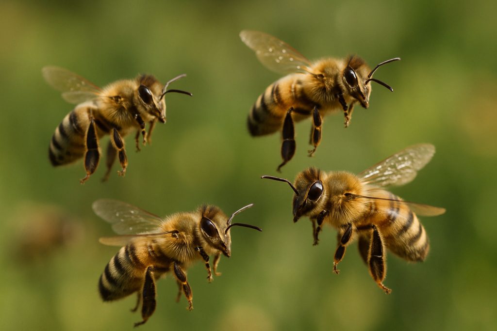 Four Africanized honey bees (honey bees) in flight, displaying fuzzy golden-brown bodies with black banding.
