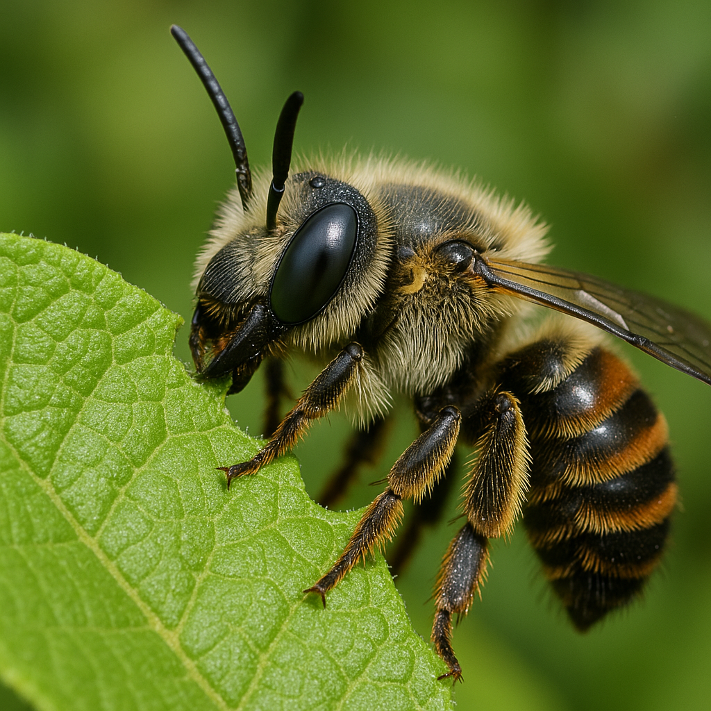 Macro photo of a leafcutter bee (Megachile spp.) chewing a circular piece from a bright green leaf.