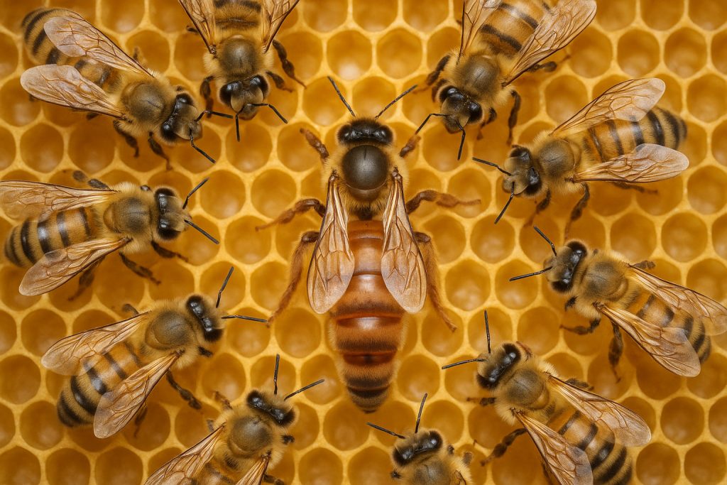 Queen bee surrounded by worker bees on a honeycomb, showcasing her larger size and central role in the hive