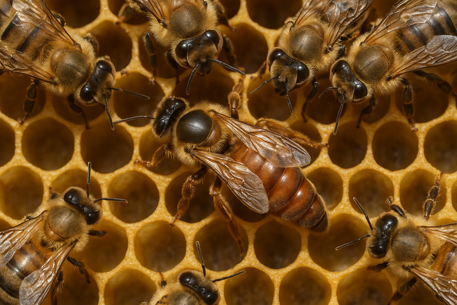 Close-up of a queen bee surrounded by worker bees on a honeycomb, showing her longer body and distinctive reddish-brown abdomen.