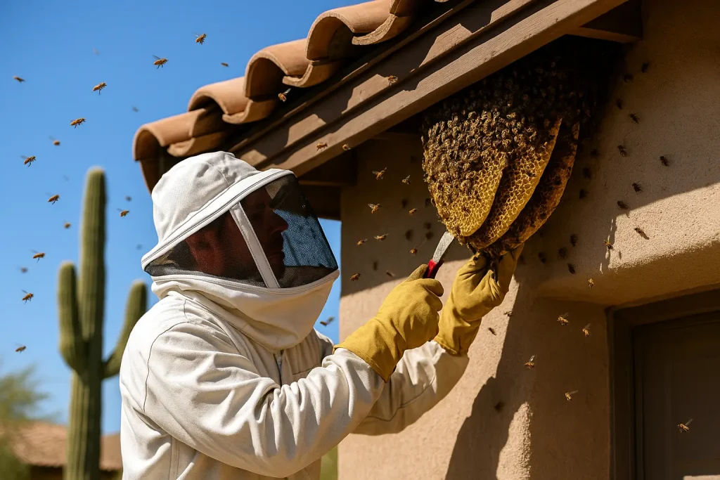 Bee removal technician removing hive from Phoenix home