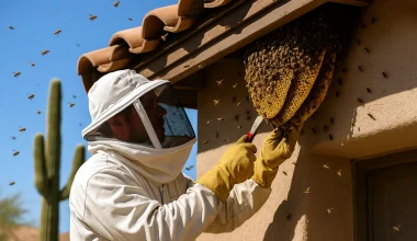Bee removal technician removing hive from Phoenix home