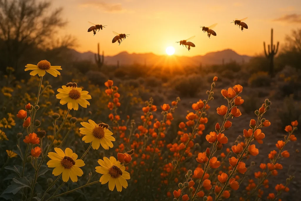 Bees foraging on desert wildflowers at sunrise in Phoenix.