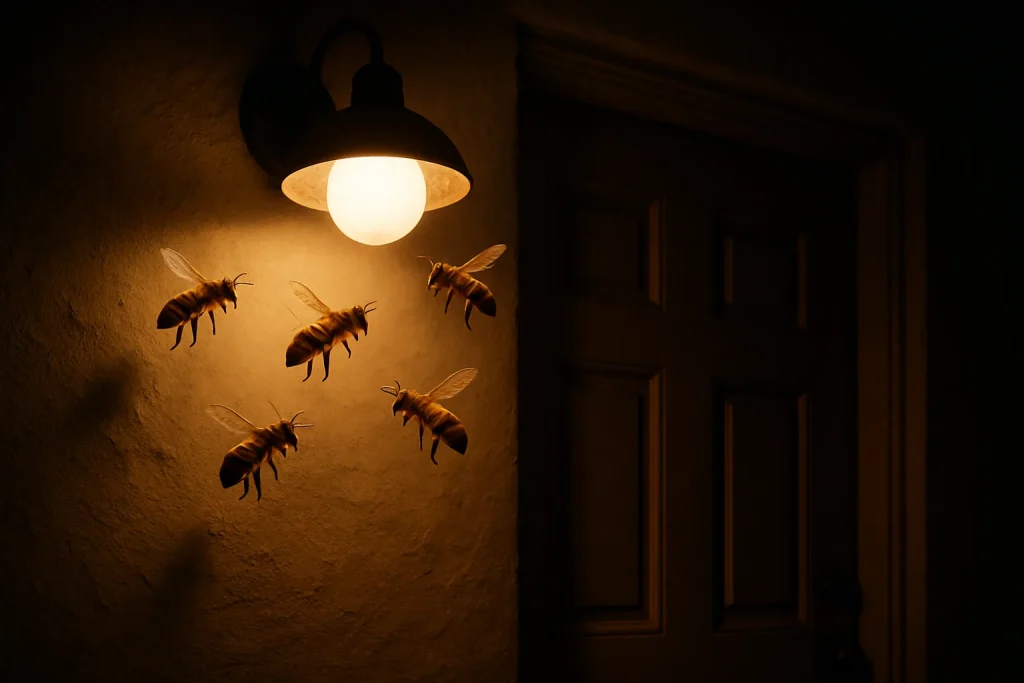 Honey bees flying around porch light at night in Phoenix.