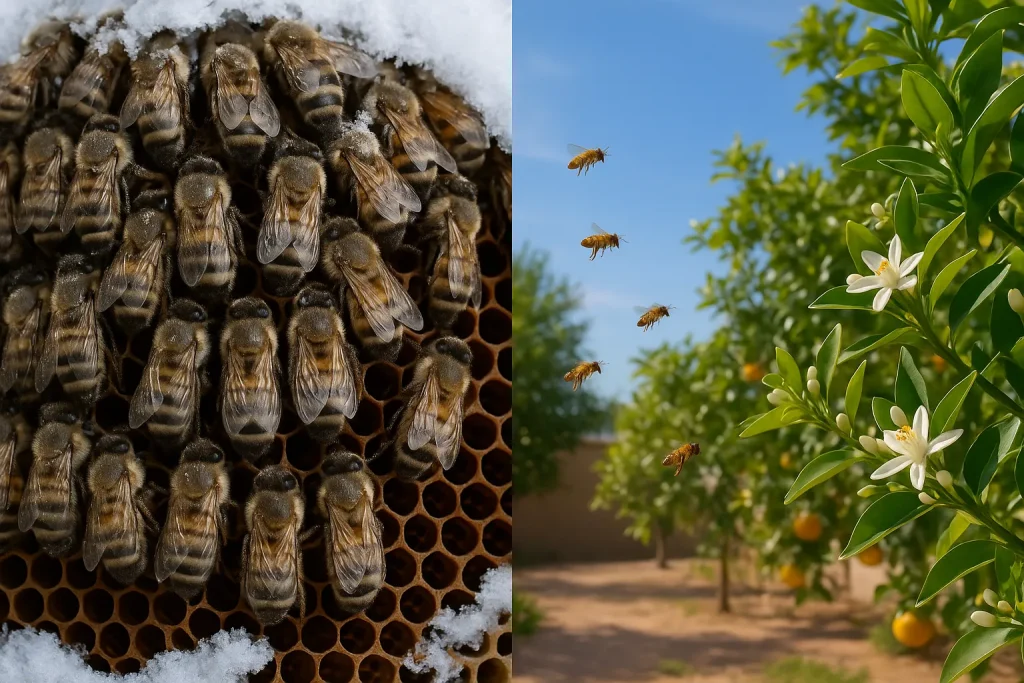 Bees clustering together for warmth in winter contrasted with Phoenix citrus blossoms.