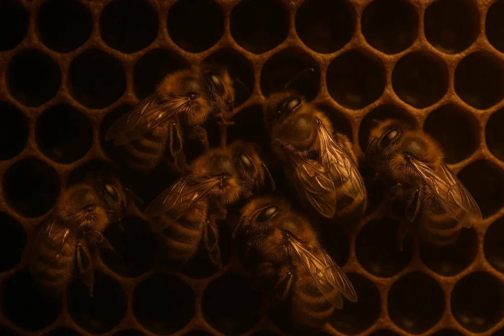 Honey bees sleeping inside hive on golden honeycomb at night.
