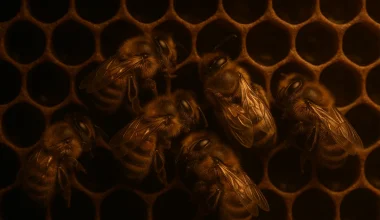 Honey bees sleeping inside hive on golden honeycomb at night.
