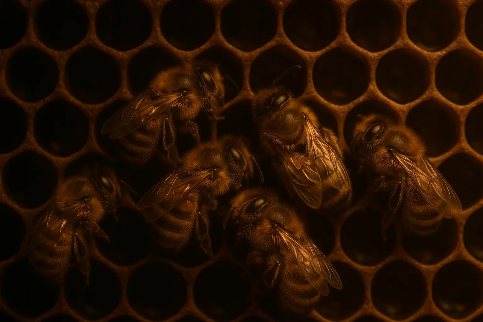 Honey bees sleeping inside hive on golden honeycomb at night.