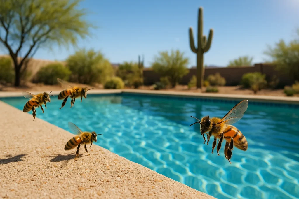 Bees hovering near swimming pool edge in Arizona desert backyard with cactus.