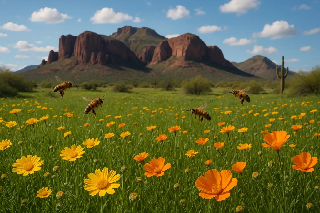 Arizona honeybees flying above orange and yellow wildflowers with desert mountains in the background.