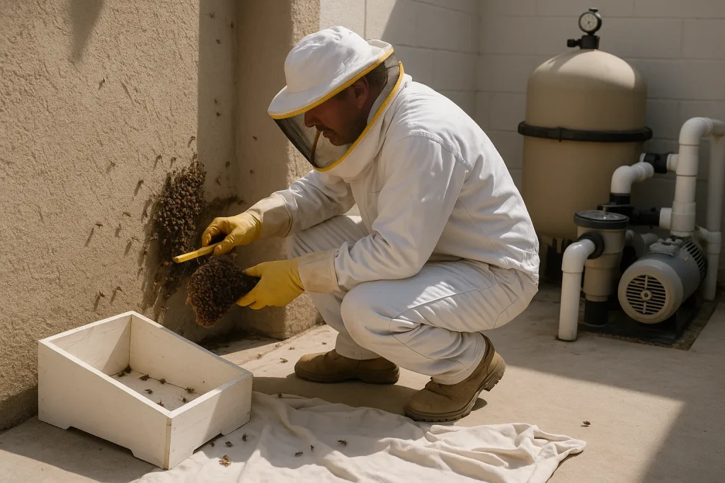 Bee removal technician collecting a cluster of bees beside pool equipment for live relocation.