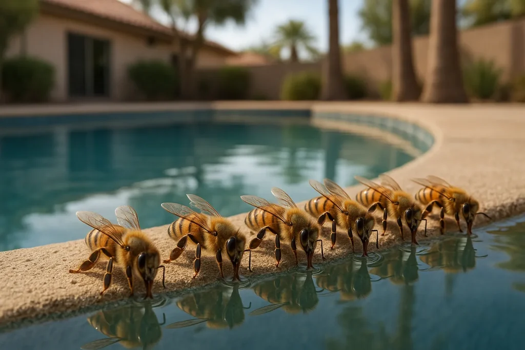 Close-up of honey bees sipping water from the edge of a backyard pool in Arizona.