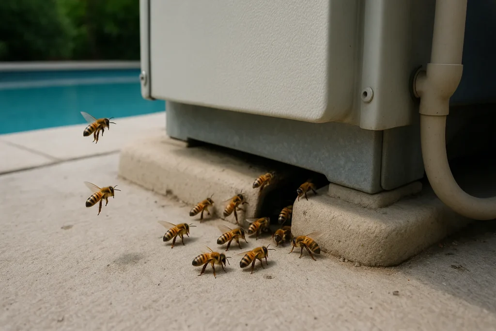 Honey bees entering a small gap by outdoor pool equipment next to a pool.