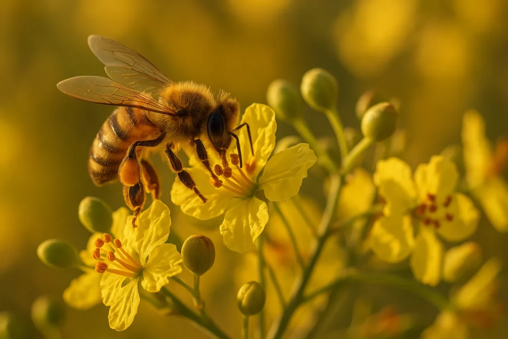 Honeybee feeding on yellow wildflower in Arizona desert landscape.