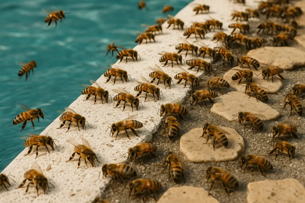 Honey bees drinking at the edge of a swimming pool in Phoenix.
