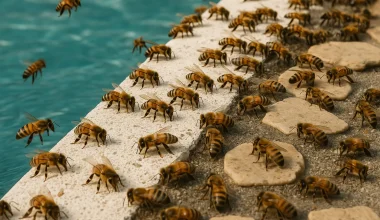 Honey bees drinking at the edge of a swimming pool in Phoenix.