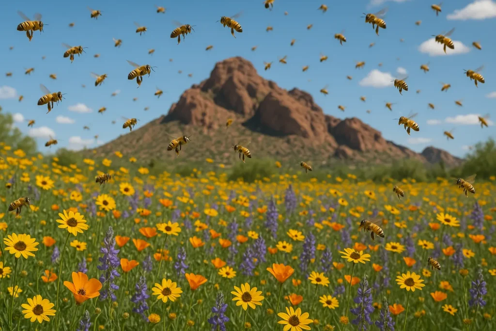 Swarm of honeybees flying above yellow and purple wildflowers in Arizona desert meadow.