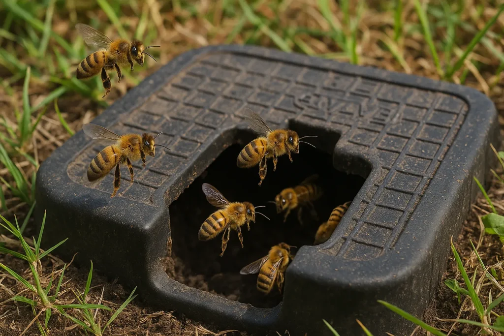 Honey bees entering and exiting an irrigation valve box in Phoenix.