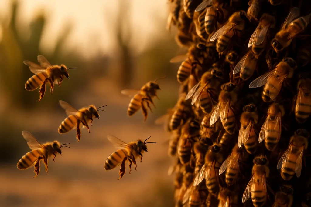 Honeybees swarming and clustering at dusk with desert landscape in background.