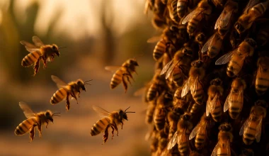 Honeybees swarming and clustering at dusk with desert landscape in background.