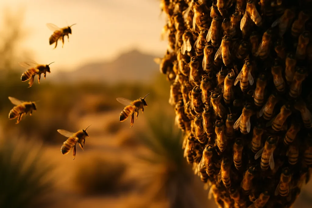 Honeybees gathering on hive cluster at sunset in Arizona desert.