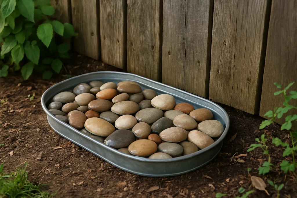 Bee-friendly water tray with pebbles used as a decoy water source in a Phoenix yard