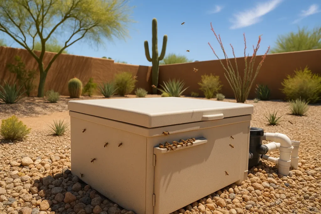 Swarm of bees gathering on a backyard pool pump equipment box in Arizona desert yard.